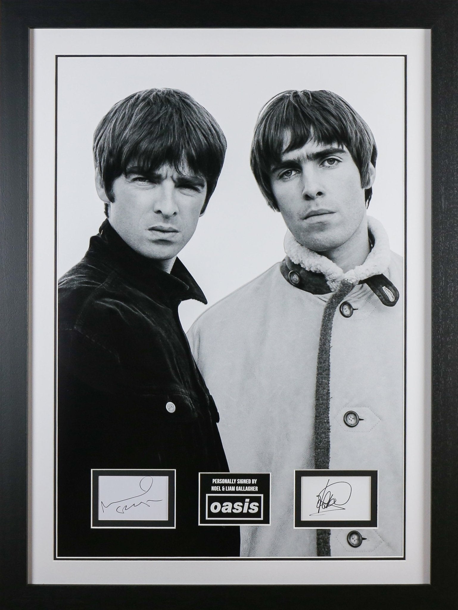 Noel Gallagher and Liam Gallagher Signed Oasis White Card Framed Display - Memorabilia Framers Shop